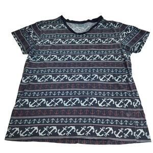 Carbon Y2K Blue & Red V-Neck Nautical Theme Short Sleeve T-Shirt Women's Size M